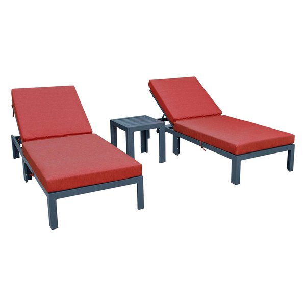 Leisuremod Chelsea Modern Outdoor Chaise Lounge Chair With Side Table & Red Cushions CLTBL-77R2